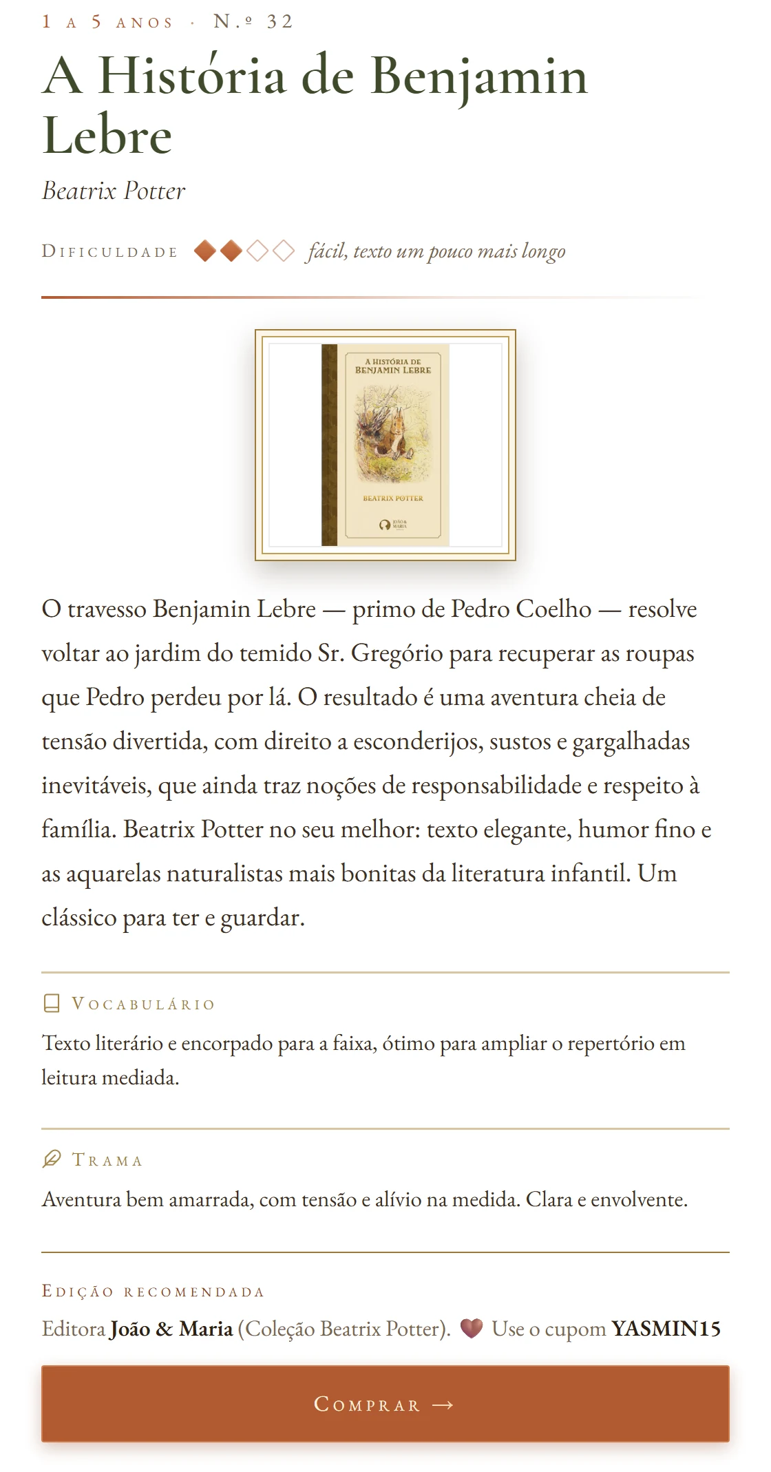 Exemplo de ficha do Baú: sinopse, nível de dificuldade e vocabulário, trama e edição recomendada.